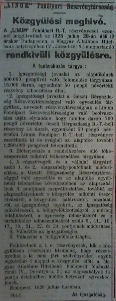 A Budapesti Közlöny Hivatalos Értesítője 1926. július 13-i számában megjelent Közgyűlési meghívó